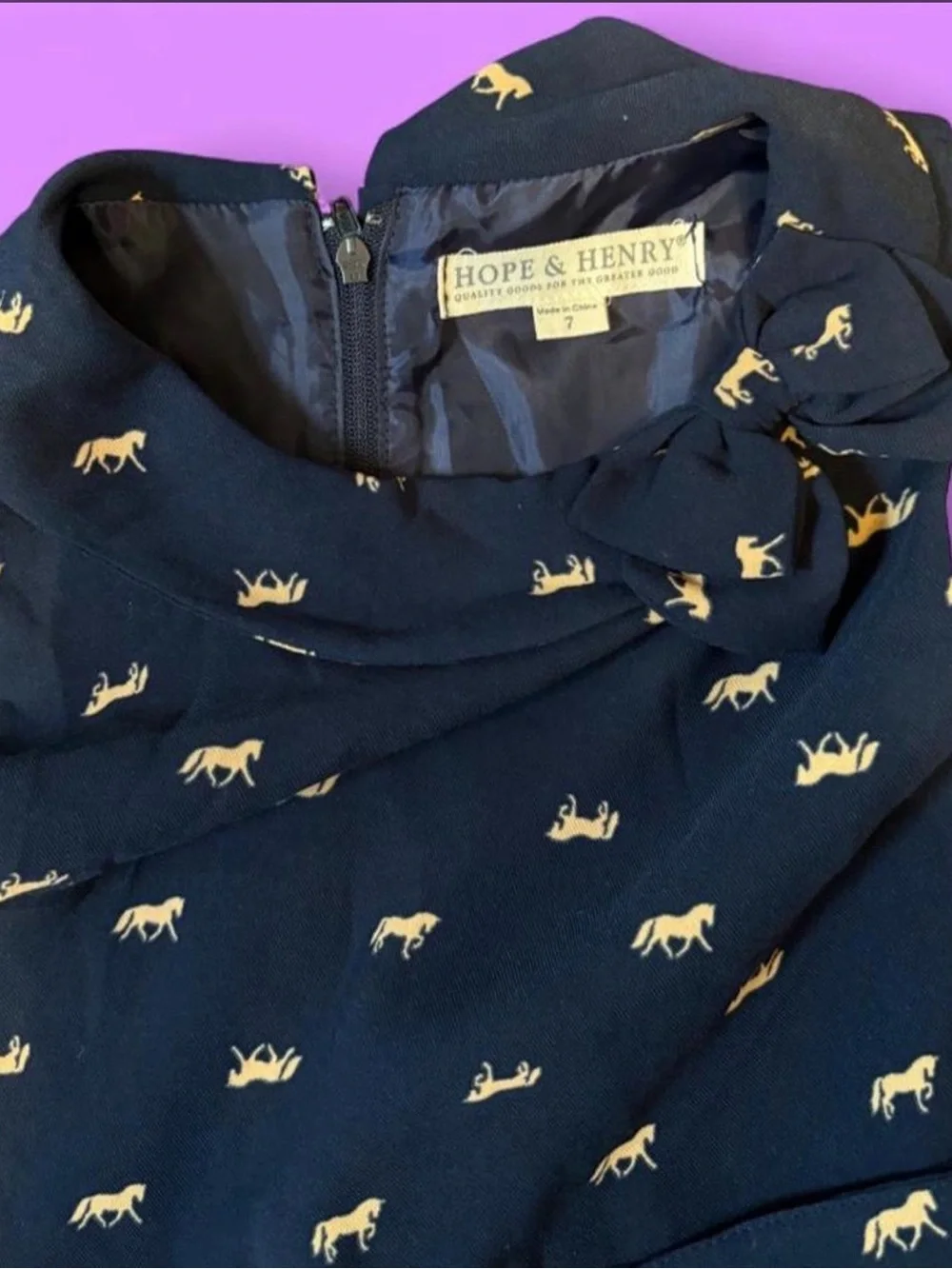 Hope & Henry Navy Fit-and-Flare Dress with Gold Horse Print